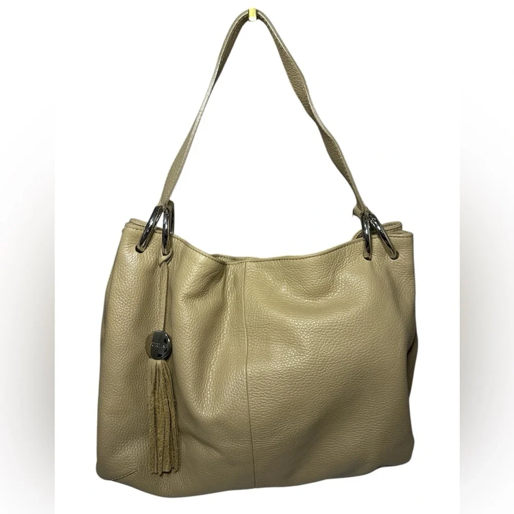 Furla Light Taupe Pebbled Leather Hobo Shoulder Bag with Tassel - EUC